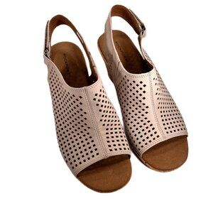 Rockport Womens Tan Taupe Perforated Leather Peep Toe Cork Wedge Shoes Sz 8.5